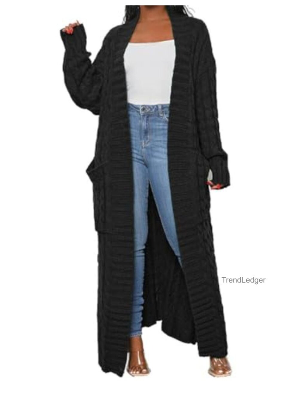 Open Front Chunky Cable Knit Cardigan with Pockets Long Sweater Coat